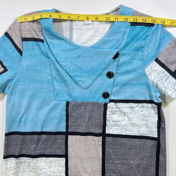Exclusive ❤ - Women's Size M - Blue, Grey & White Square Design - Short Sleeve - Picture 6 of 10
